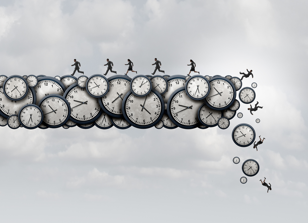 lots of clocks falling away with silhouttes of men running