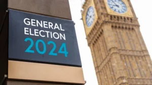 The Elizabeth Tower on the right and a plaque saying ‘General Election 2024’ on the left