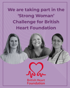 3 women on a purple background with the British Heart Foundation Logo