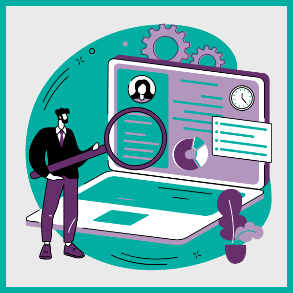 A picture of a man with a large looking glass focusing on a laptop. It is a graphic meant to show someone using bookkeeping software